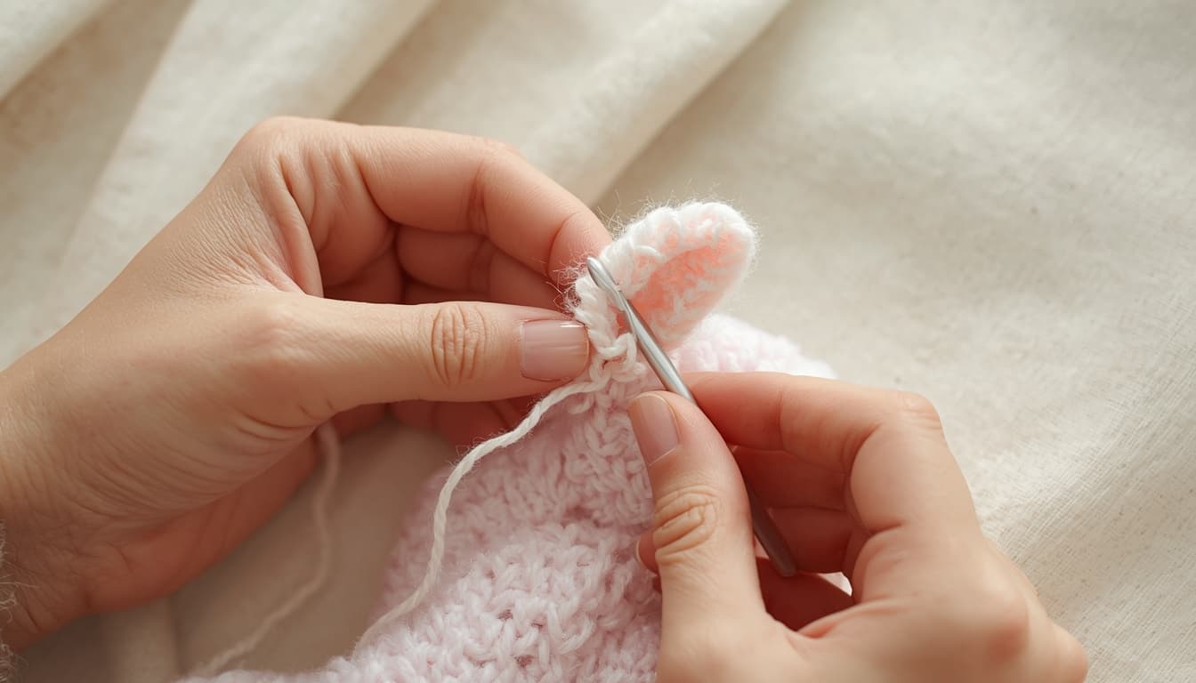 Cận cảnh thợ thủ công đang móc chiếc tai nhỏ của gấu len