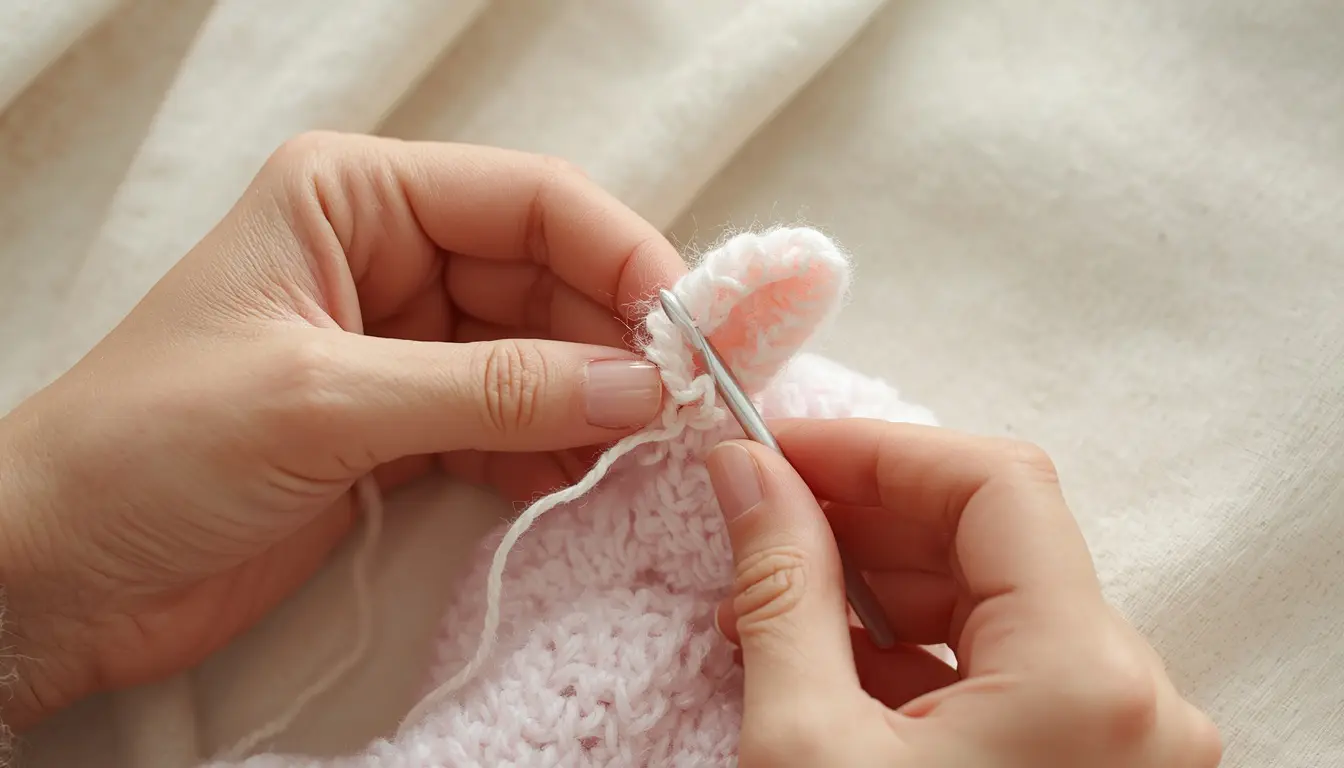 Cận cảnh thợ thủ công đang móc chiếc tai nhỏ của gấu len