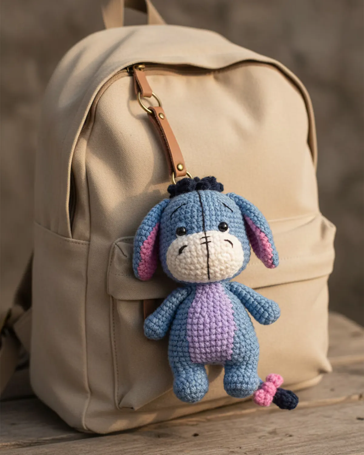 Eeyore amigurumi màu xanh cao 11cm trên balo - Hình 1