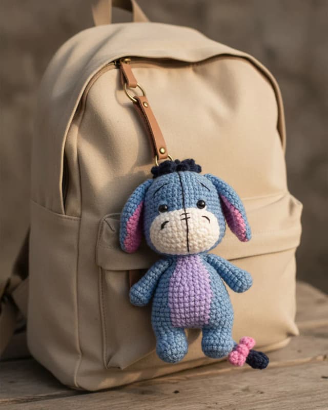 Eeyore amigurumi màu xanh cao 11cm trên balo