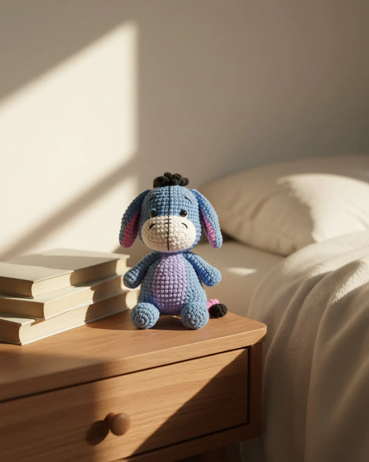Eeyore amigurumi ngồi bên chồng sách nhỏ - Hình 4