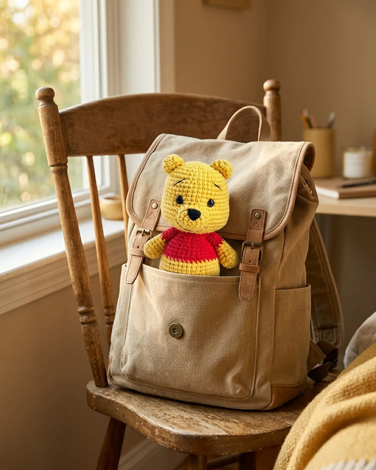 Pooh thú len mặc áo đỏ bên balo vải canvas màu be - Hình 4