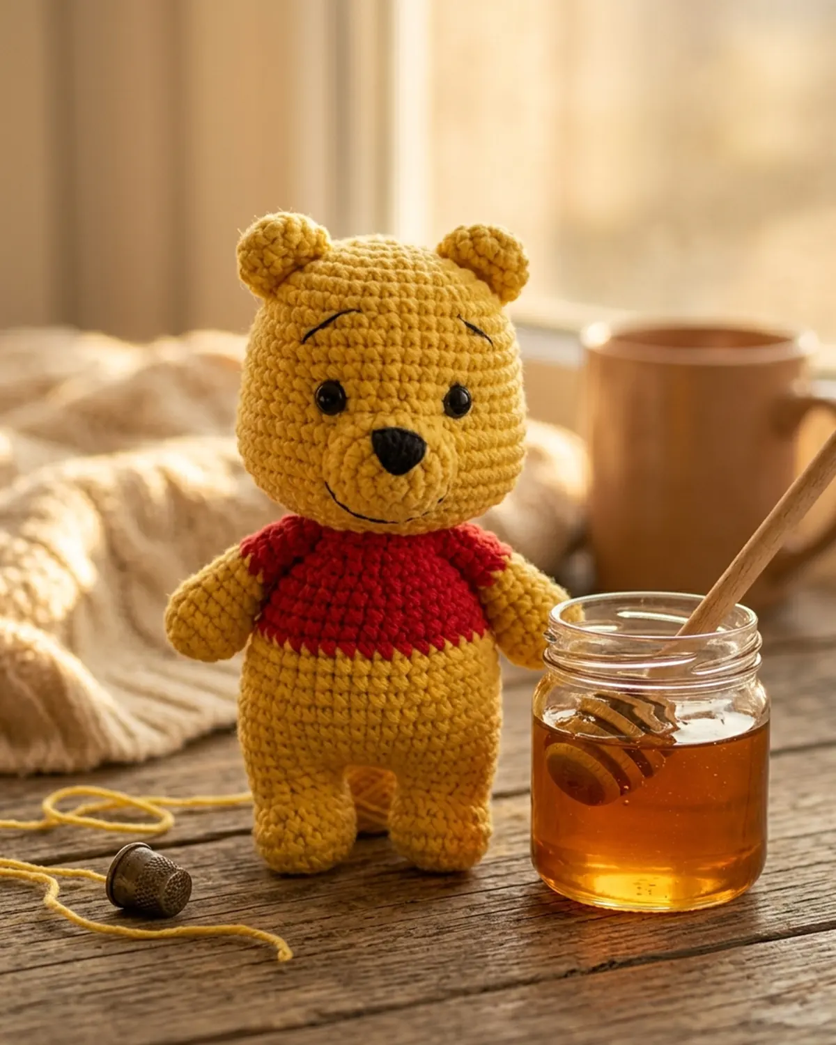 Pooh thú len màu vàng bên hũ mật ong trong không gian mộc mạc - Hình 5