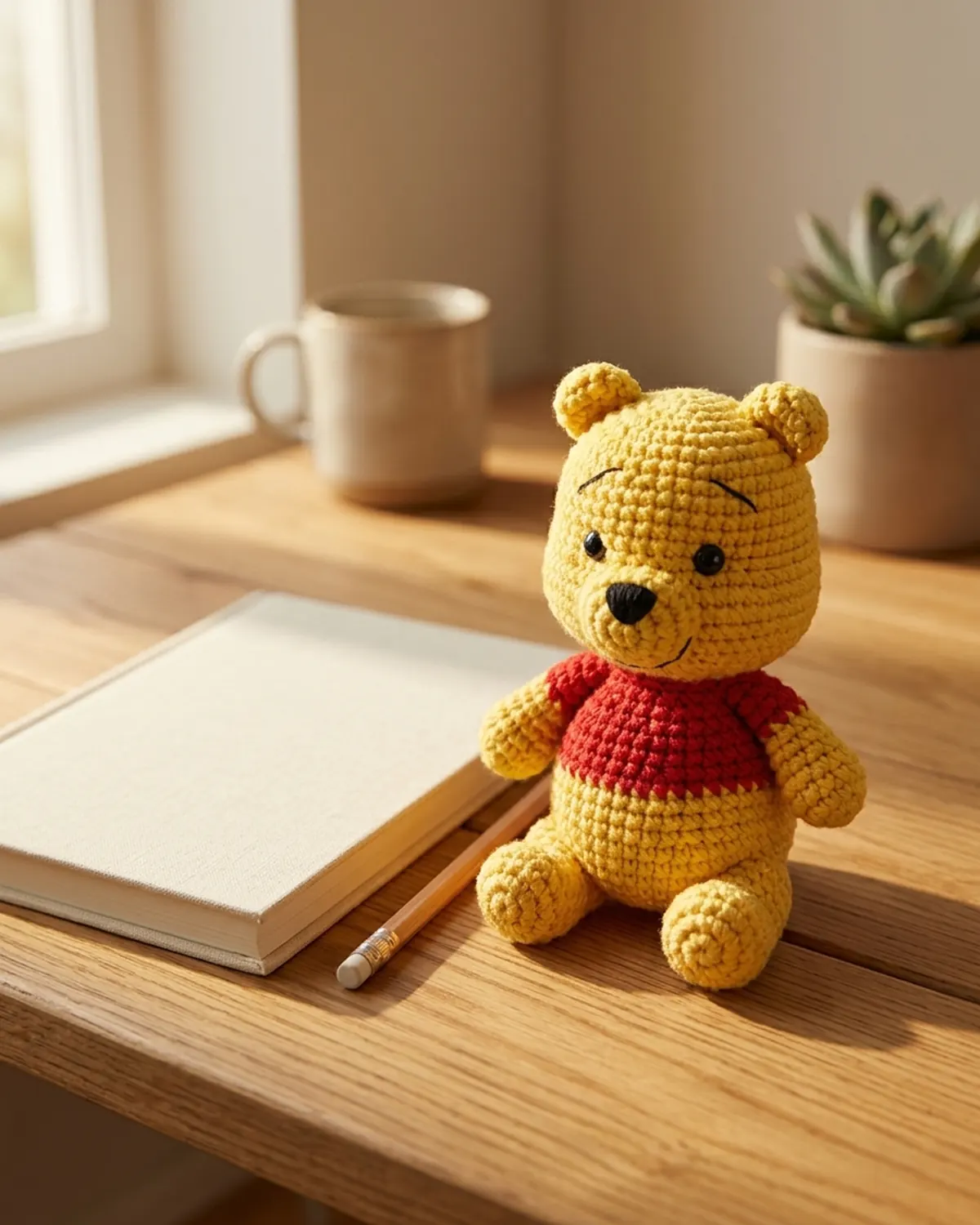 Pooh thú len màu vàng mặc áo đỏ trên bàn làm việc bằng gỗ - Hình 1