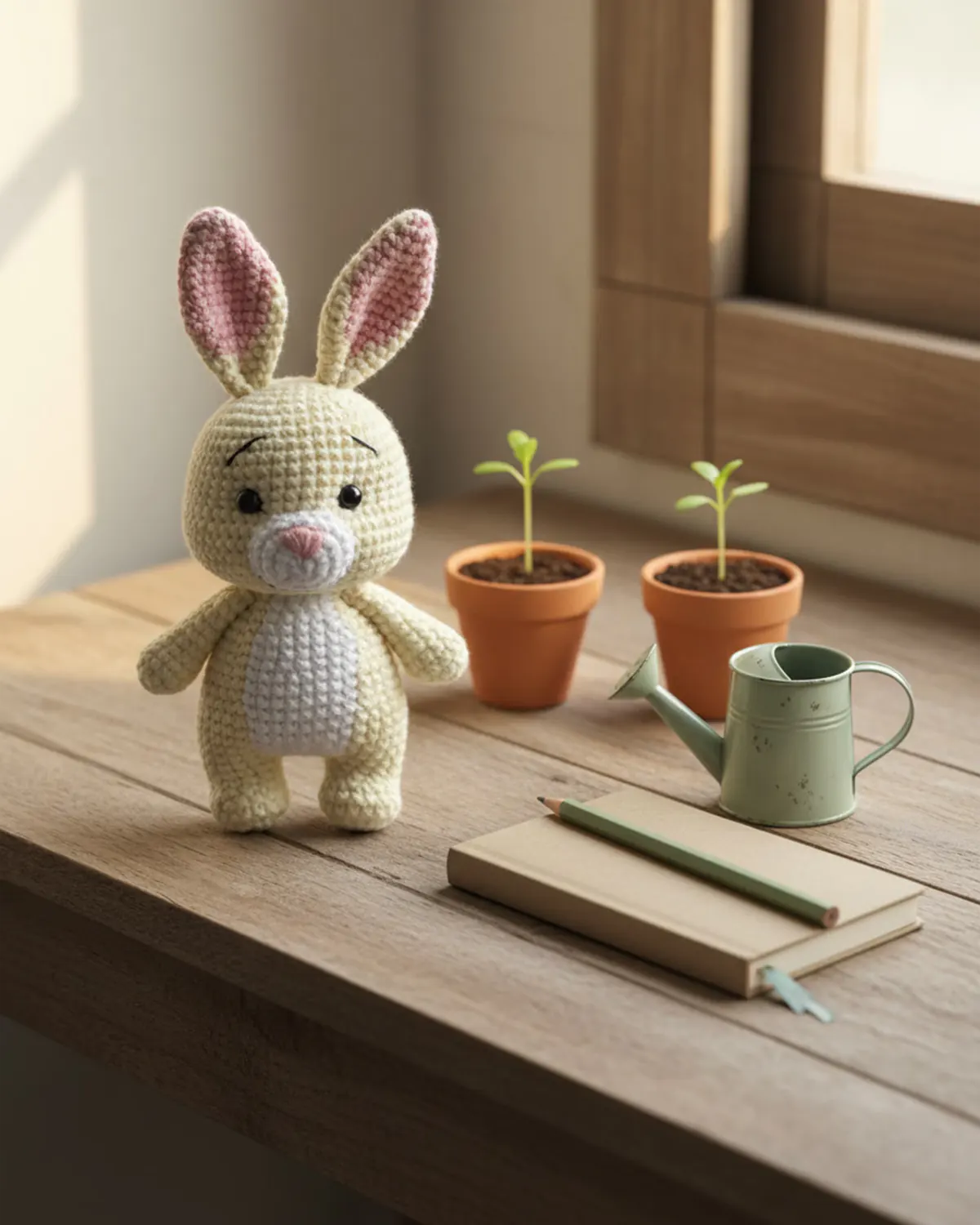 Rabbit The Little Gardener bên sổ ghi chép và chậu cây - Hình 2