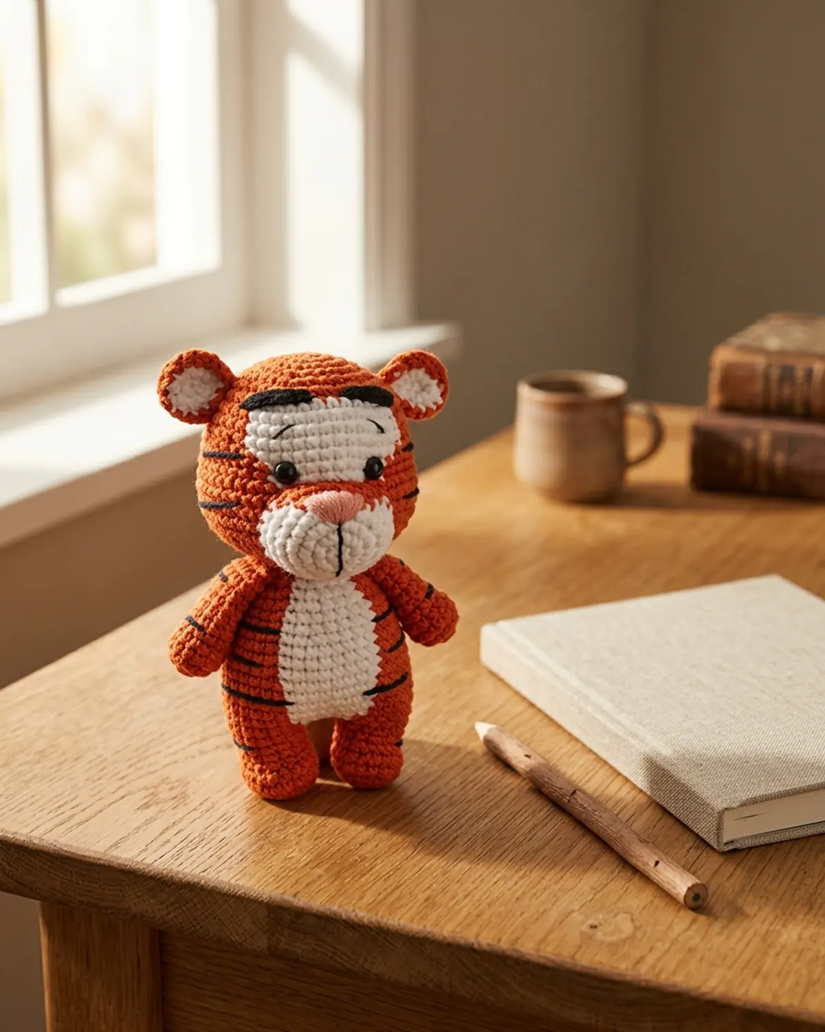 Tiger amigurumi 11cm trên bàn làm việc bằng gỗ - Hình 1