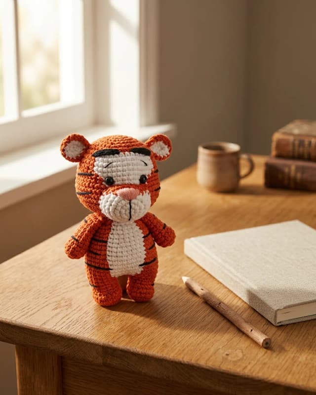 Tiger amigurumi 11cm trên bàn làm việc bằng gỗ