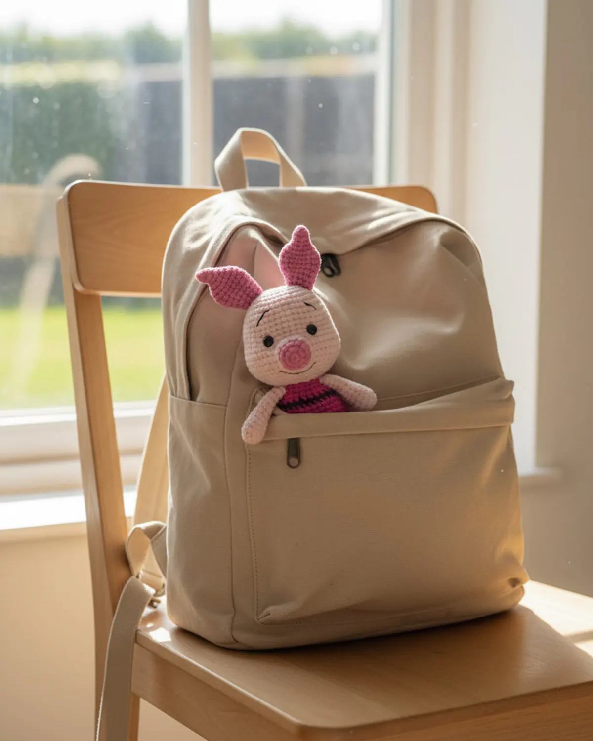 Piglet amigurumi nhỏ xinh bên balo vải canvas màu be - Hình 2