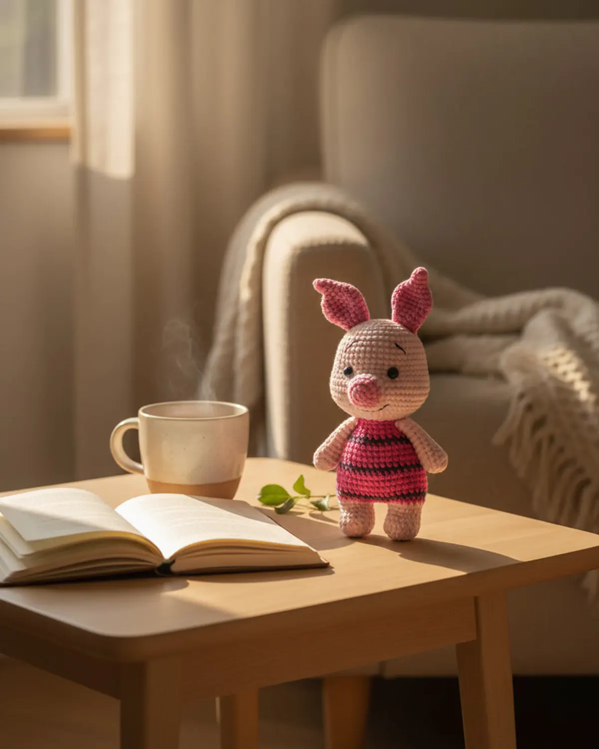 Piglet thú len màu hồng bên sổ tay trong góc đọc sách ấm áp - Hình 4