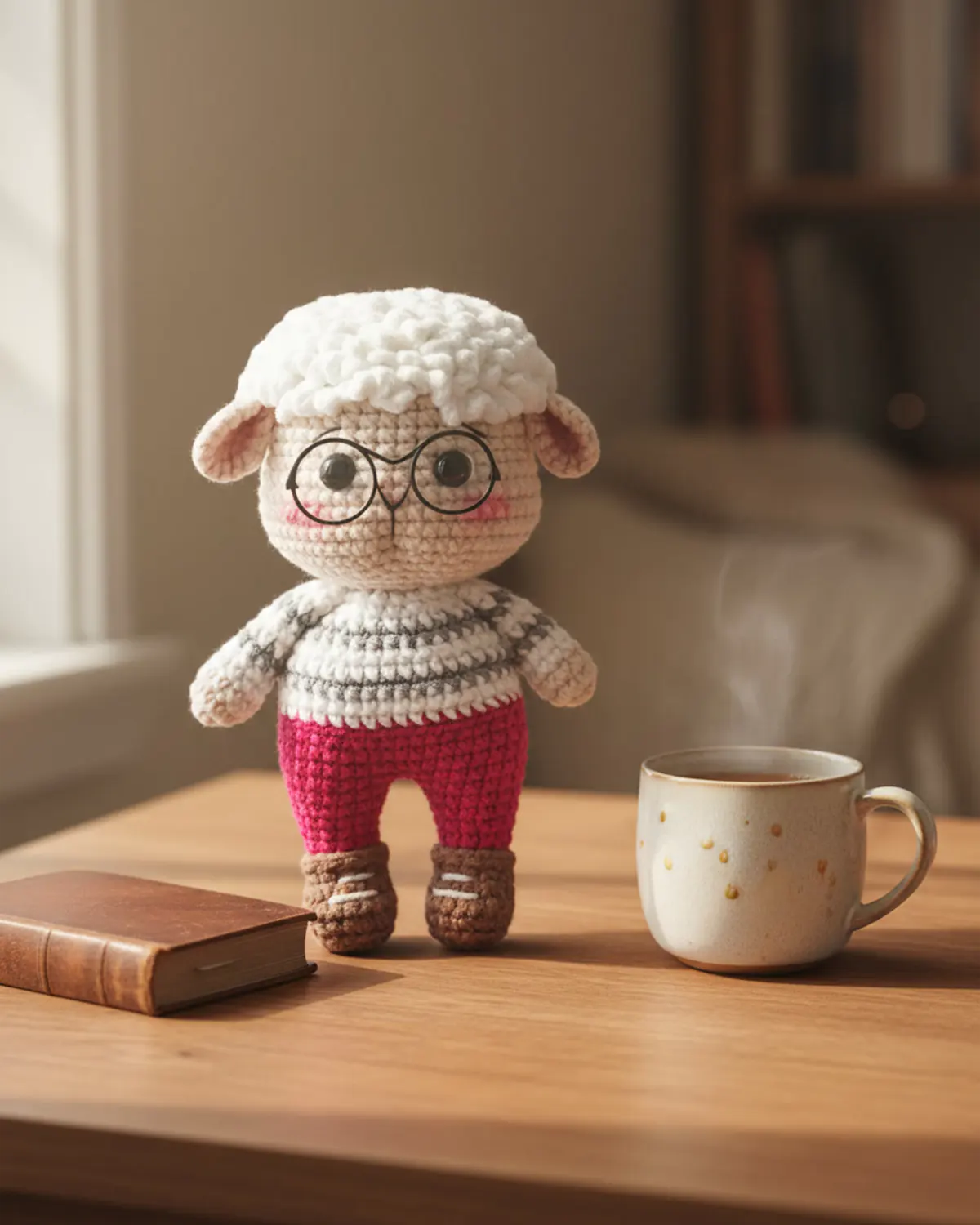 Woolly chú cừu len handmade đeo kính ngồi trên bàn gỗ cạnh một cuốn sách nhỏ - Hình 1
