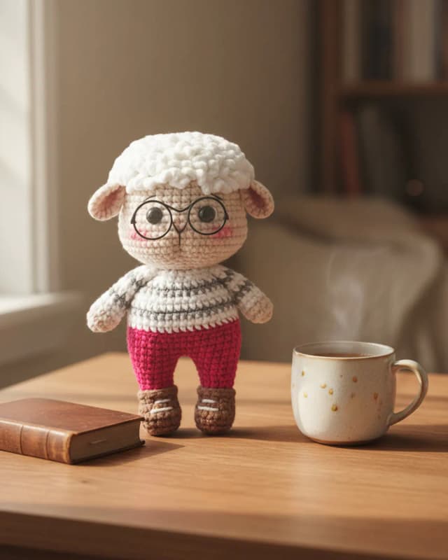 Woolly chú cừu len handmade đeo kính ngồi trên bàn gỗ cạnh một cuốn sách nhỏ