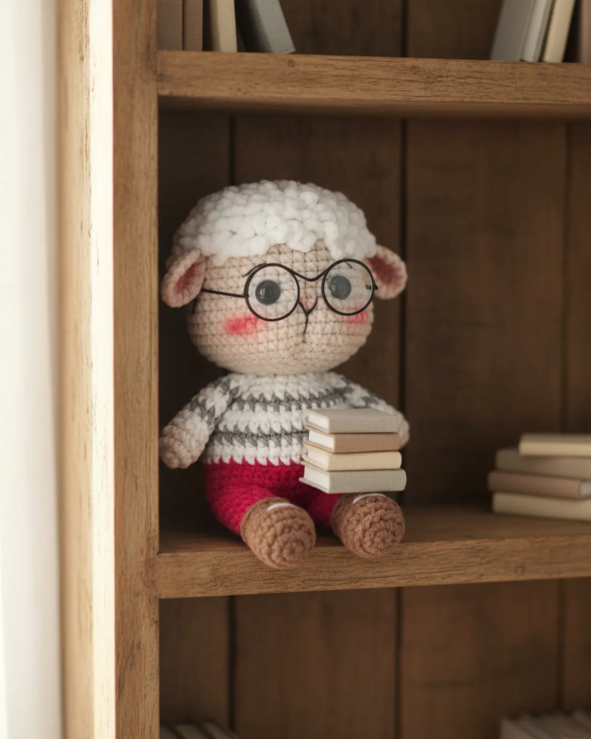 Woolly cừu móc len đeo kính bên những cuốn sách nhỏ trên kệ gỗ - Hình 2
