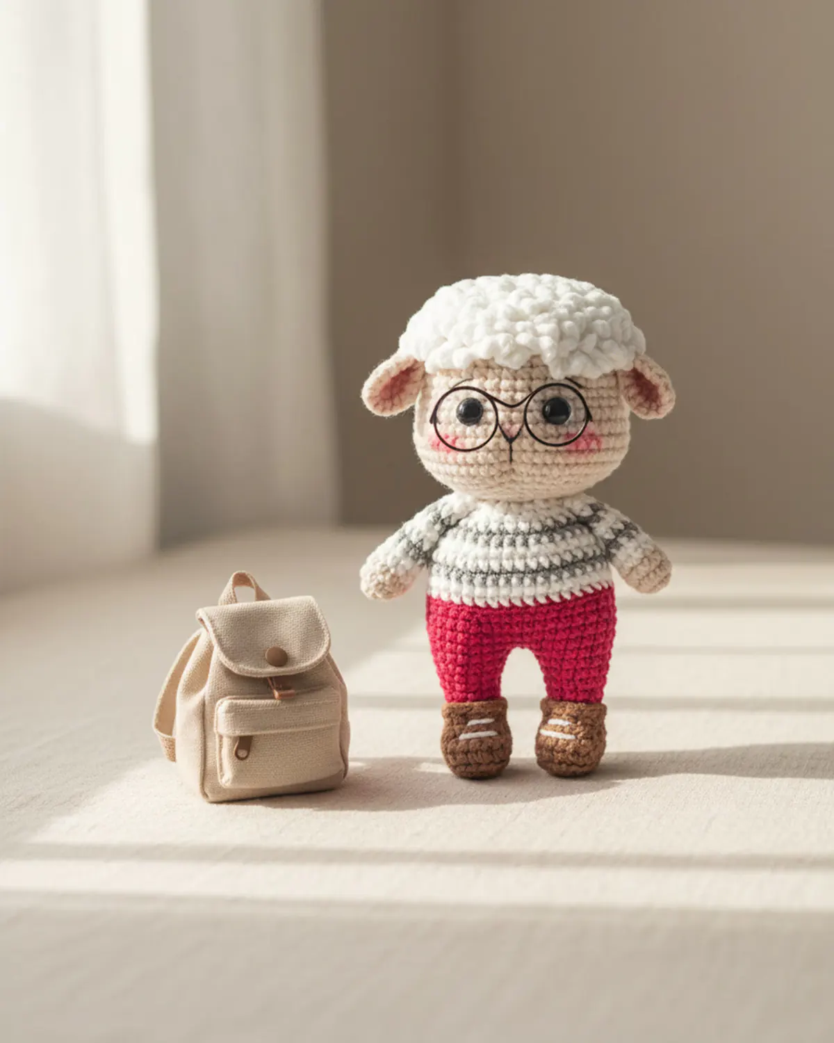 Woolly chú cừu len handmade cao khoảng 13 cm đứng cạnh ba lô vải nhỏ - Hình 3