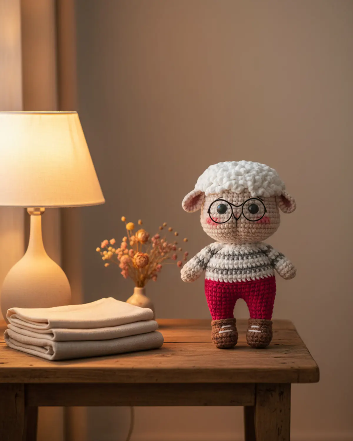 Woolly cừu len handmade đeo kính trang trí trên tủ đầu giường trong căn phòng ấm cúng - Hình 4