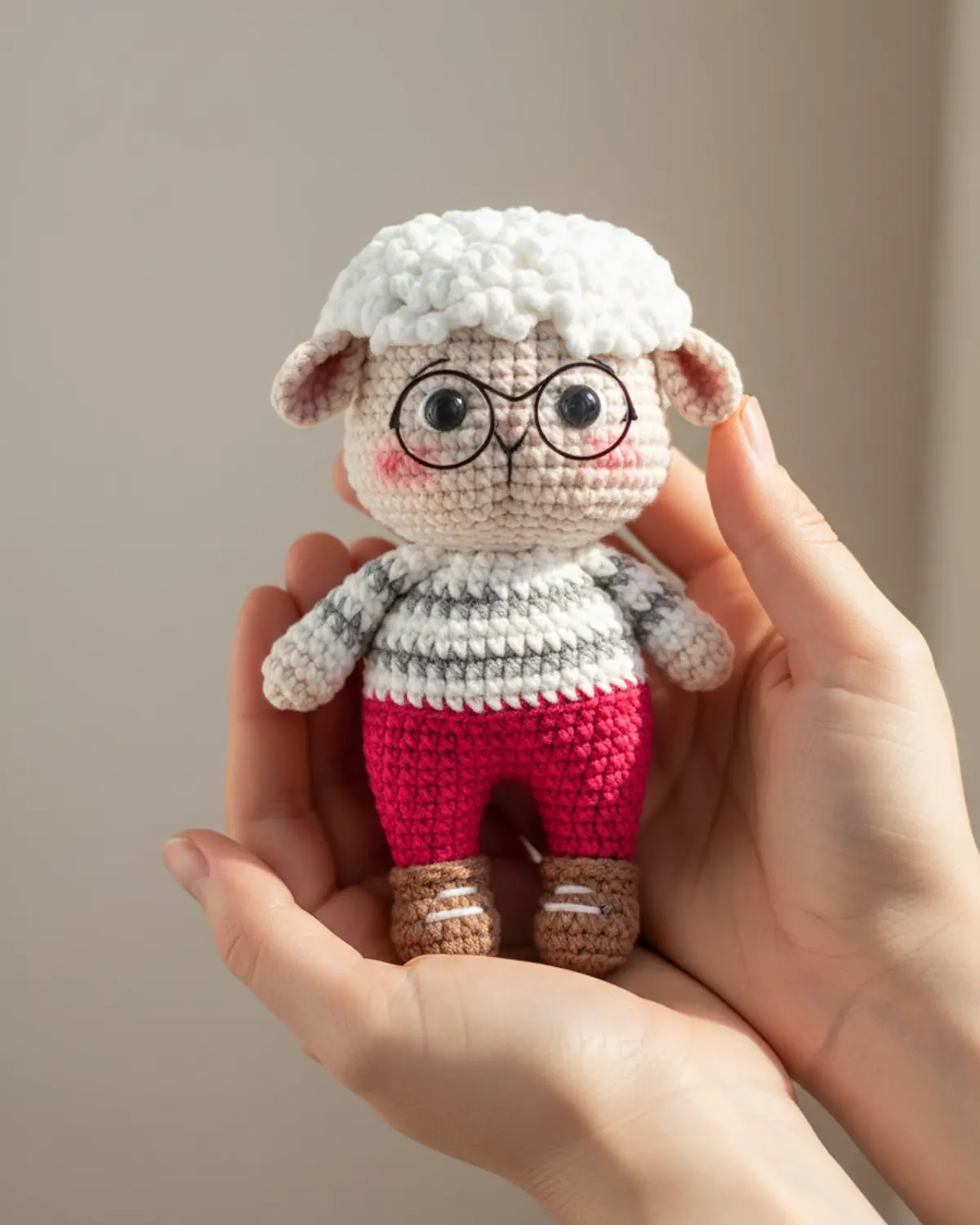 Đôi tay nâng chú cừu len handmade Woolly cao khoảng 13 cm, làm nổi bật chi tiết móc len - Hình 5