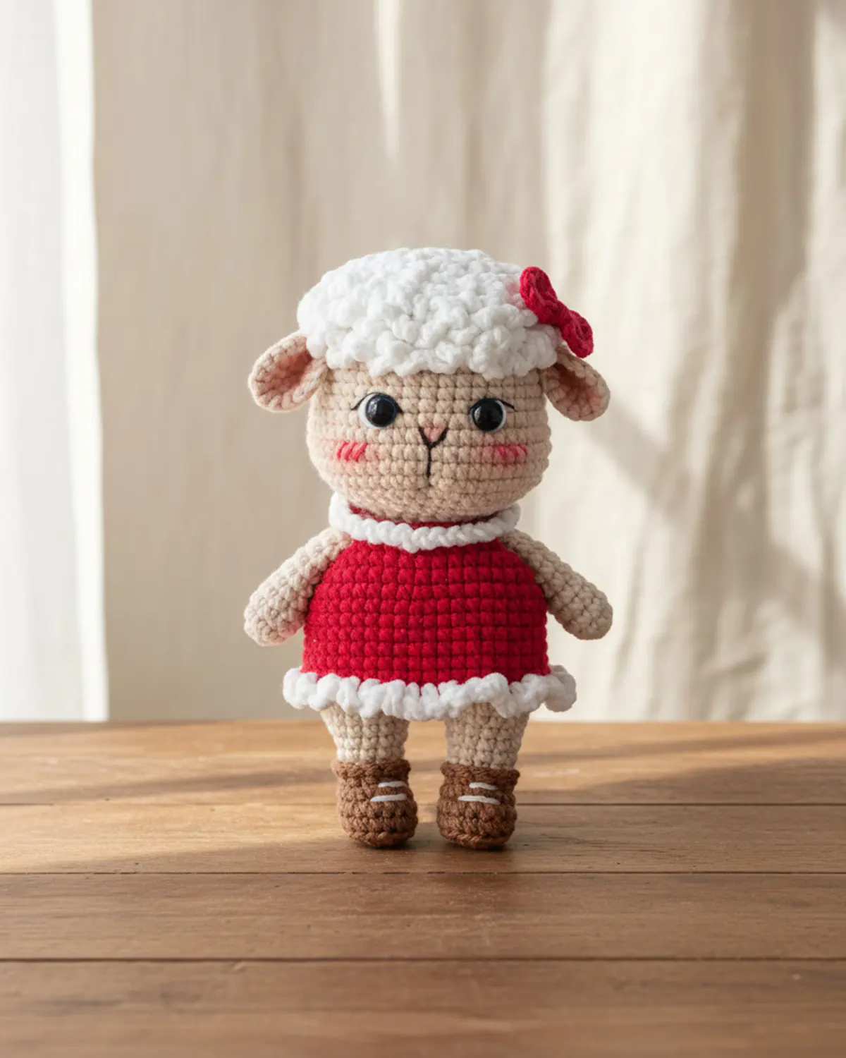 Rosie cô cừu len handmade với nơ hồng và váy đỏ trên bàn gỗ trong góc phòng ấm cúng. - Hình 1