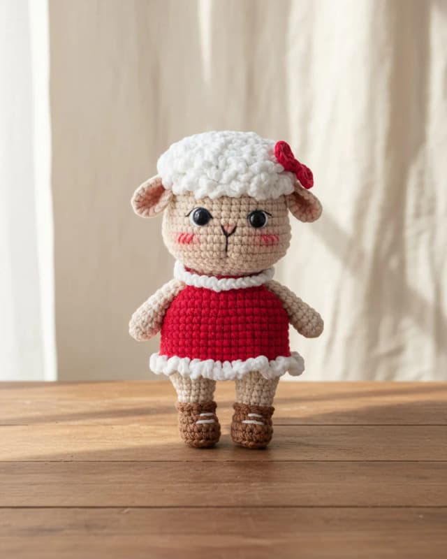 Rosie cô cừu len handmade với nơ hồng và váy đỏ trên bàn gỗ trong góc phòng ấm cúng.