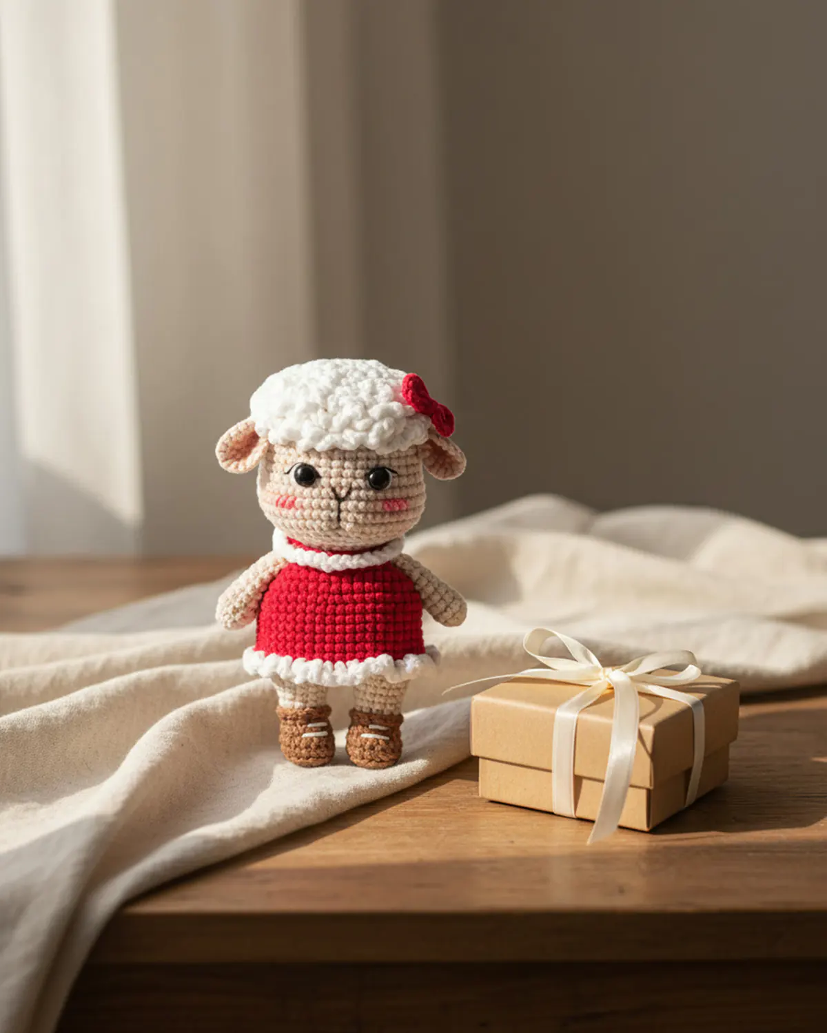 Rosie cô cừu len handmade váy đỏ bên hộp quà kraft nhỏ thắt ruy băng màu kem. - Hình 3