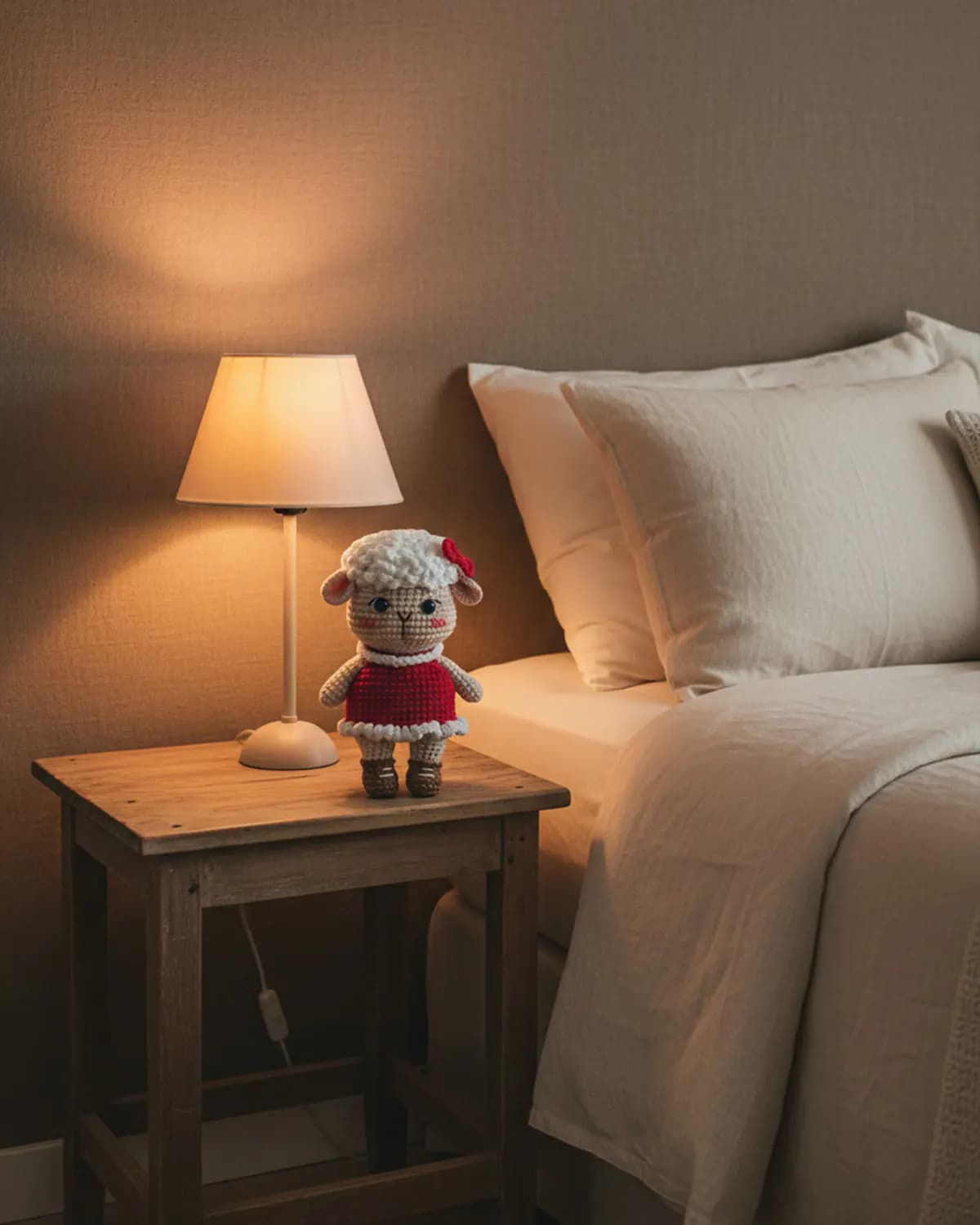 Rosie cô cừu len handmade nơ hồng váy đỏ trang trí trên tủ đầu giường trong phòng ngủ ấm áp. - Hình 5